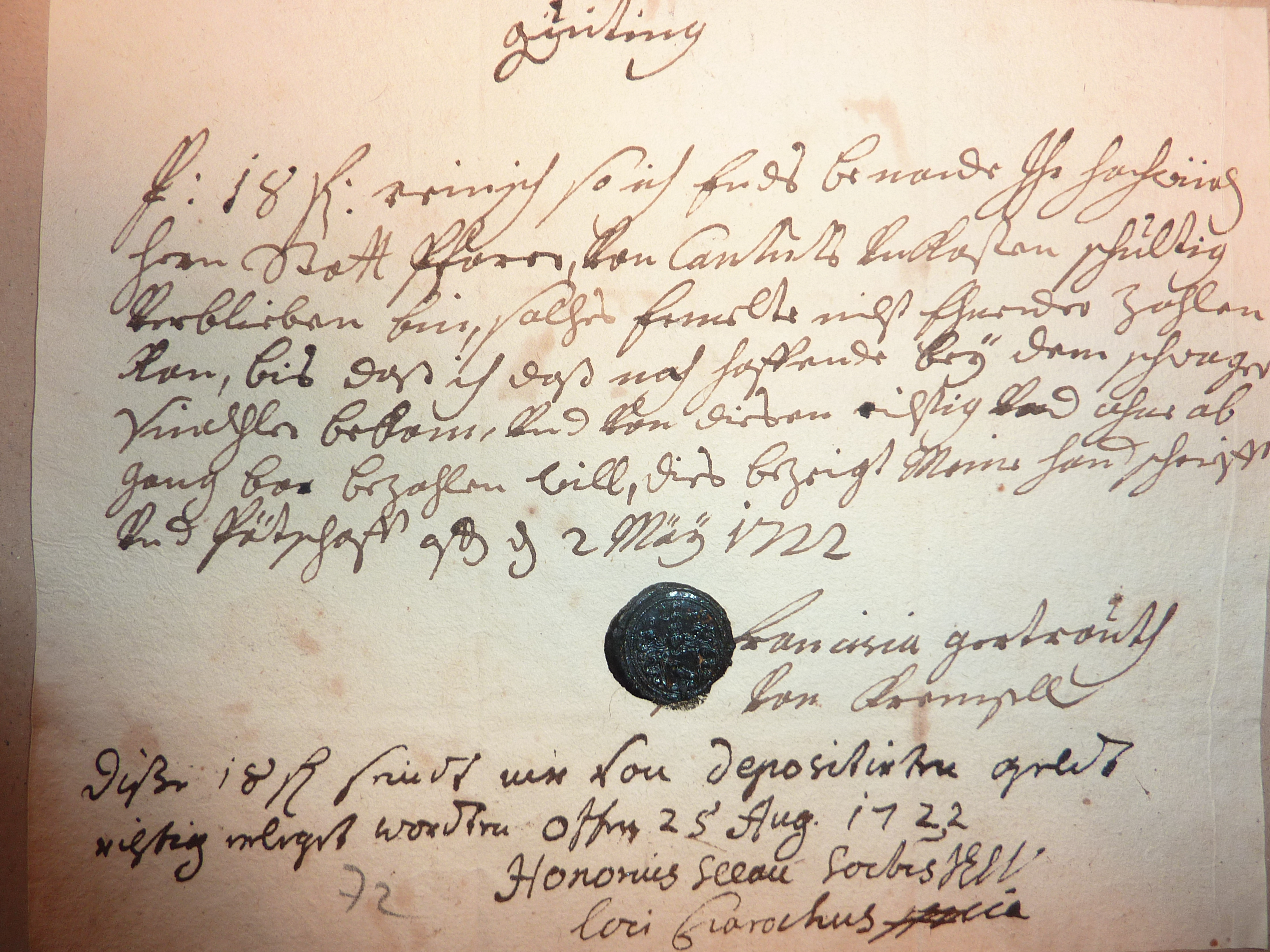 Franziska Gertrud von Krempel által írt nyugta 1722-ből.